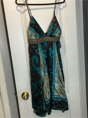 Teal and Brown Tuscan Printed Spaghetti-Strap Dress